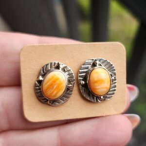 Handmade Sterling Silver 925 Orange Spiny Oyster Stud Post Back Earrings